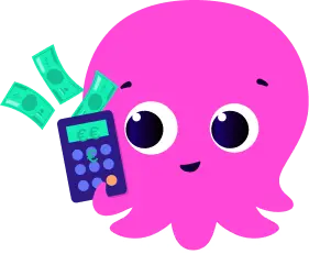 Un pulpo rosa de dibujos animados sosteniendo una calculadora con billetes de dinero saliendo de ella, simbolizando cálculos financieros o ahorros.