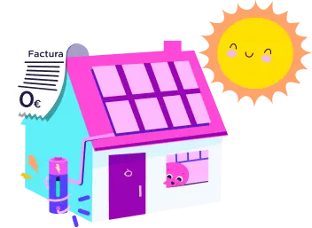 Una casa de dibujos animados con paneles solares en el techo, un sol feliz y una factura mostrando costo cero, indicando ahorros de energía solar y cero facturas de electricidad.