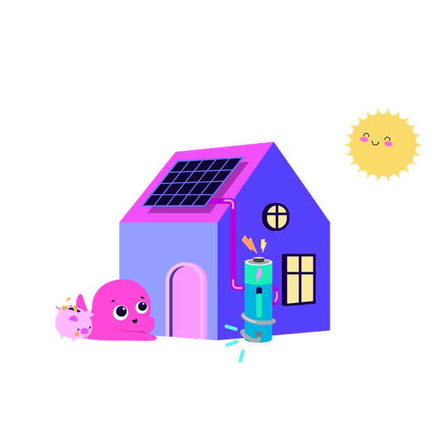 Casa con placas solares en el tejado y una batería