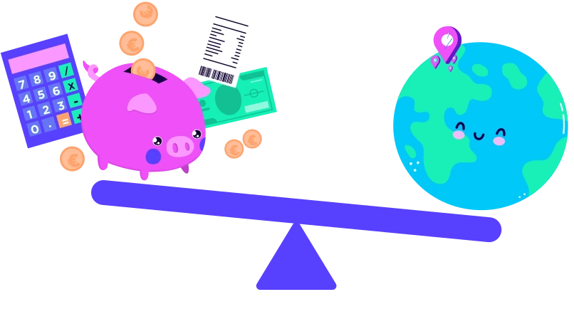 Balanza con un globo terráqueo en un lado y un símbolo de ahorros en el otro