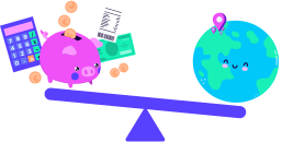 An illustration of a piggy bank, surrounded by a calculator, a receipt and some money on a balance with the world.